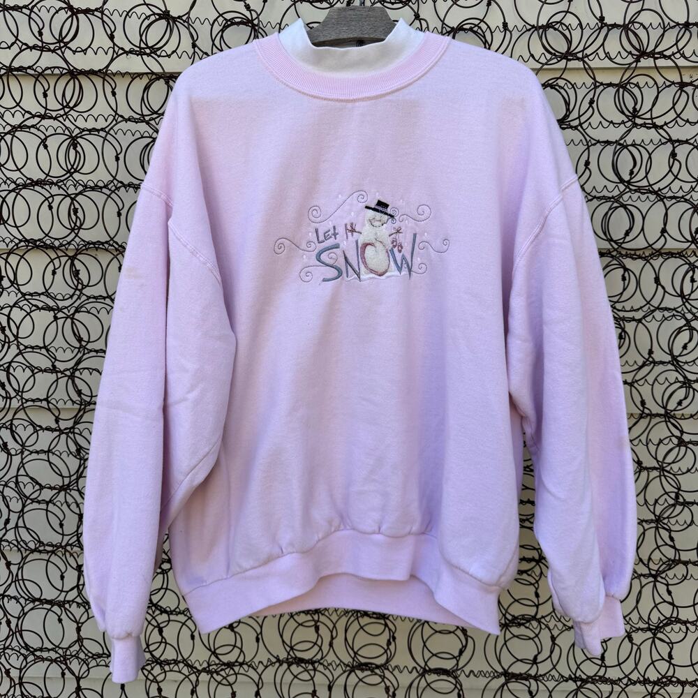 Vintage 90s Pale Pink Let It Snow Embroidered Christmas Winter Sweatshirt LARGE